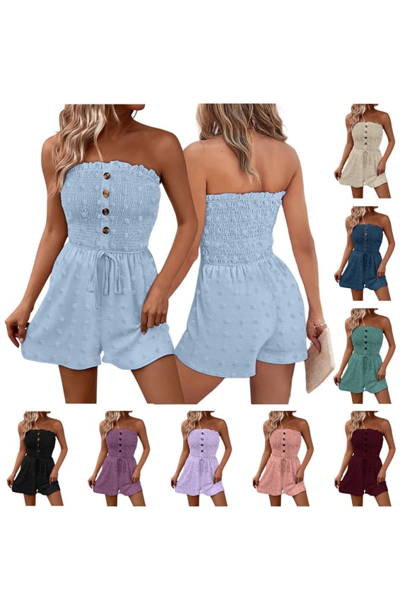 Ladies Tube Top Romper Summer Strapless Ruffle Drawstring Elastic Waist Short Jumpsuit Beach Travel Overalls Orange XL
