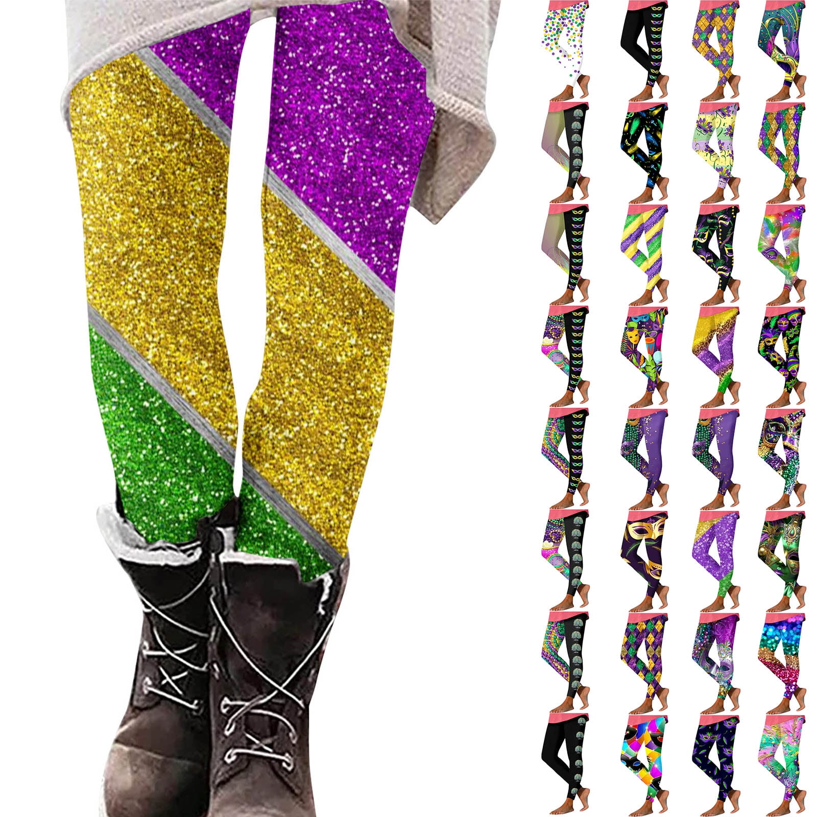 Tipsy Elves Women's Black Beaded Mardi Gras Leggings - Purple & Gold Design, 95% Polyester 5% Spandex, Machine Wash - View #10