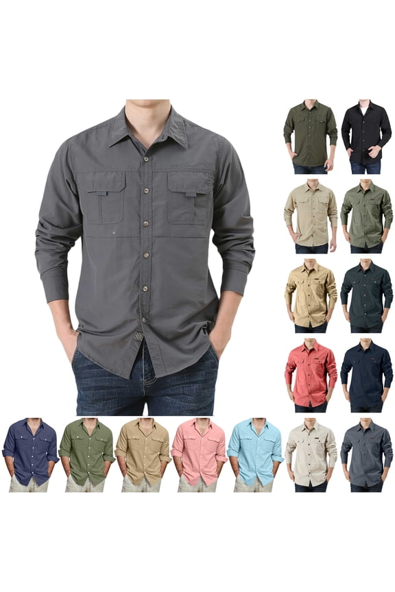Lightening Sale Tactical Shirts for Men Long Sleeve Fishing Hiking Shirts Casual Button Down Military Cargo Shirt Solid Laple Collar Work Tops with Pockets