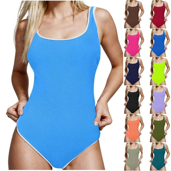 lcziwo Holiday Sales Womens One Piece Swimsuit Casual Sleeveless Ribbed Knit Tummy Control Swimwear Summer Beach High Cut Bathing Suits Purple XXL