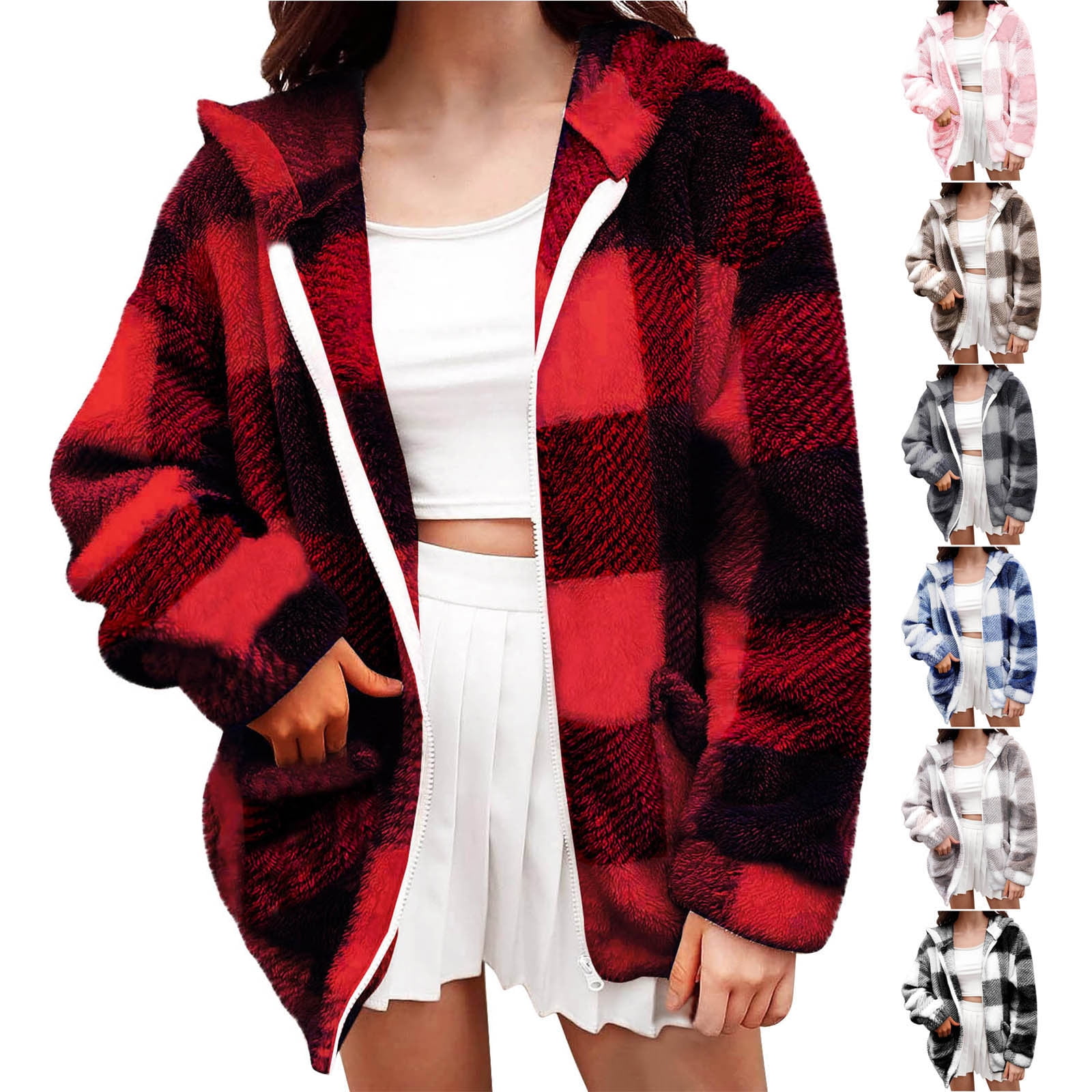 lcziwo Plus Size Plaid Jackets for Women Zip Up Long Sleeve Hooded ...