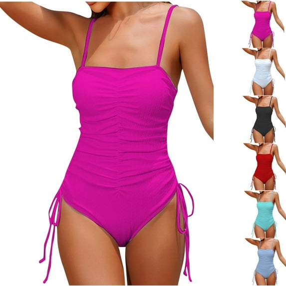 lcziwo Lightning Prime Today Womens One Piece Spaghetti Straps Swimsuit Ruched Low Cut Tummy Control Bathing Suit 2025 Summer Sleeveless Backless Swimwear Red M