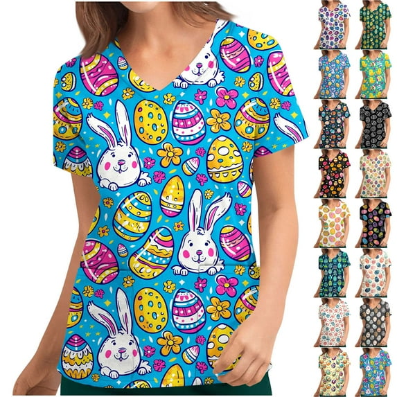 lcziwo Lightning Prime Today Womens Scrub Tops 2025 Easter Bunny Egg Print Working Uniform with Pockets Comfy Short Sleeve V Neck Scrub Tops Multicolor M