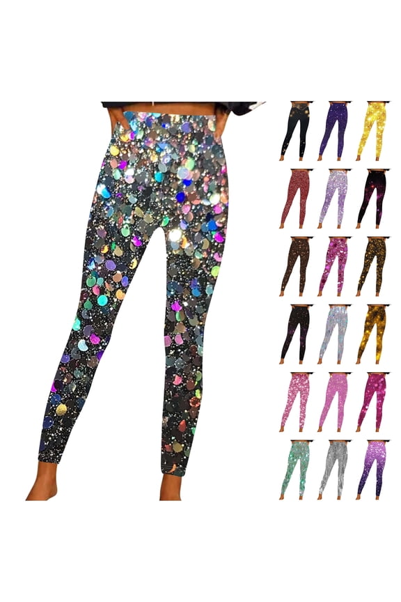 Lightning Sale, Womens Trendy Sequin Leggings Glitter Graphic Printed Yoga Pants Casual Elastic Workout Seamless Legging Pant 2025 New Years Eve Party Outfits Multicolor S