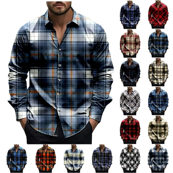 lcziwo Lightning Sales Long Sleeve Shirts for Men Plaid Button Down Shirt Loose Casual Work Tops 2025 Vacation Holiday Work Tops