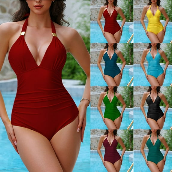 lcziwo Lightning Sales of Today Prime Women's One Piece Swimsuit Halter V Neck Tummy Control Swimwear Casual Ruched Push Up Bathing Suit Summer High Cut Boyleg Bodysuits Light Blue S