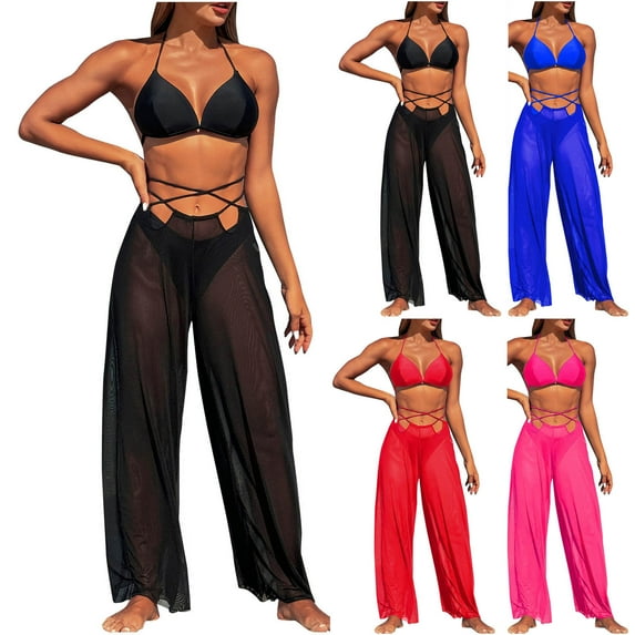 lcziwo Lightning Sales Women's 2025 Solid Color Bikini 3 Piece Beach Outfits Casual Halter Neck Bras and Split Mesh Pants with Bottom Shorts Swim Suit Black XL