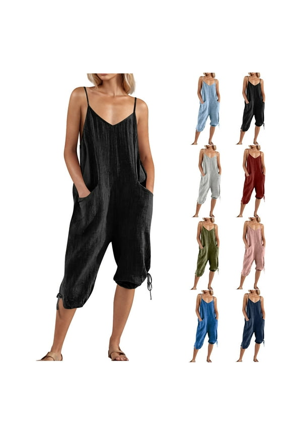Birthday Gifts, Womens Linen Capri Jumpsuits Spaghetti Straps V Neck Cinch Bottom Rompers Casual Loose Fit Onesie Pant Cropped Overalls with Pockets Black XXL