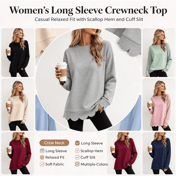 lcziwo Lightweight Crewneck Sweatshirt for Women Scalloped Trim Tunic Pullover Drop Shoulder Long Sleeve Tops
