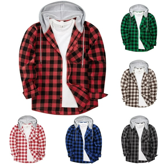lcziwo Limited Time Deal Men's Hooded Shirts Jackets Flannel Long Sleeve Casual Buffalo Plaid Button Down Shirt with Pockets 2024 Winter Outerwear,Blue,S