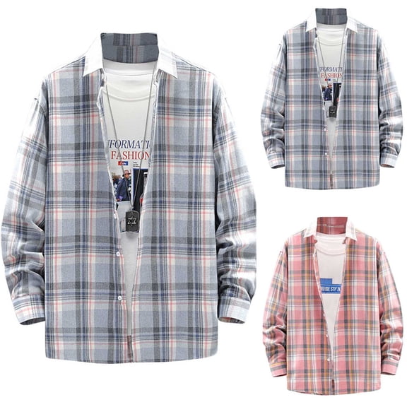 lcziwo Limited Time Deal Plaid Shirts for Men Plus Size Long Sleeve Button Down Shirt with Pockets Lightweight Casual Classic Checked Lapel Jacket,Light Blue,XL