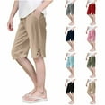 thumbnail image 1 of lcziwo Linen Bermuda Shorts for Girls Knee Length Casual Summer Capri Pants Solid Color Side Split Beach Shorts with Pockets Navy Ropa de Verano Para Mujer, 1 of 8