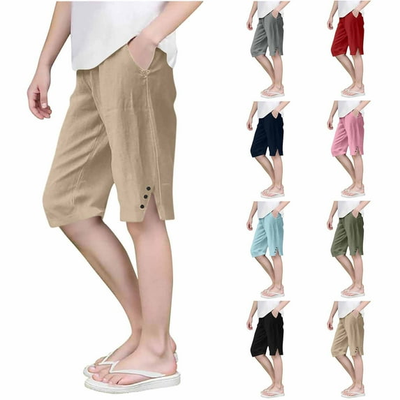 lcziwo Linen Bermuda Shorts for Girls Knee Length Casual Summer Capri Pants Solid Color Side Split Beach Shorts with Pockets Navy Ropa de Verano Para Mujer