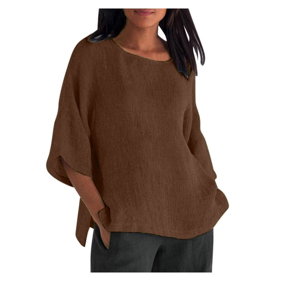 lcziwo Linen Blend Tops for Women Three Quarter Sleeve Solid Color T Shirt Round Neck Plus Size Blouses Casual Spring Summer 2025 Tunic Vacation Loose Fit Tee Brown,XXXXL