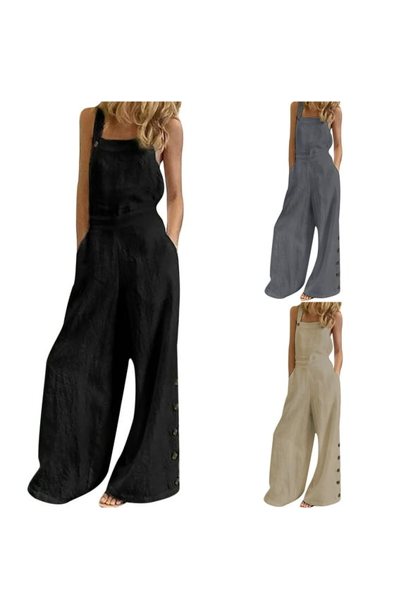 Linen Junpsuits for Women Baggy Wide Leg Bib Overalls with Pockets Solid Casual Buttons Rompers 2025 Summer One Piece Jumper Pants Sales Today Clearance