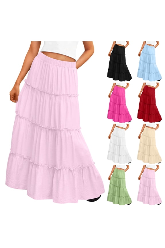 Linen Maxi Skirts for Kids Summer High Waisted Tiered Long Skirt Boho Beach Pleated Ruffle Flowy Skirts White