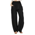 thumbnail image 1 of lcziwo Linen Pants for Women Casual Summer Drawstring Elastic Waist Trousers with Pockets Wide Leg Loose Dressy 2025 Pant Black,L, 1 of 8