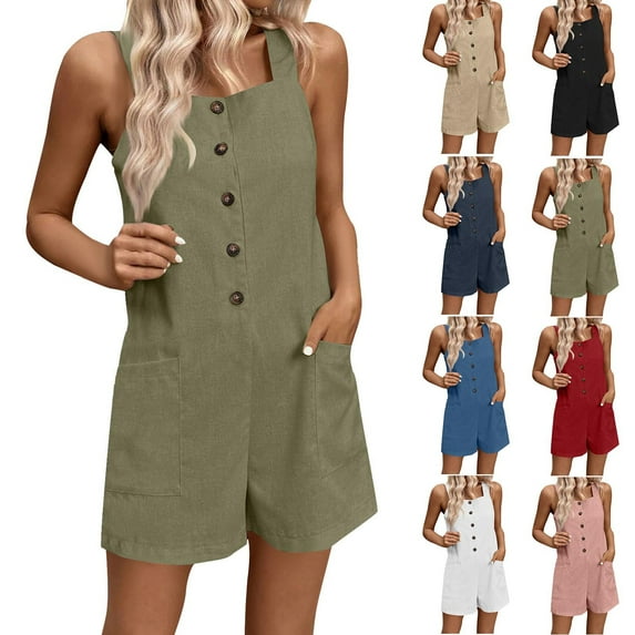 lcziwo Linen Rompers for Women Loose Fit Wide Leg Onesie Shorts Casual Dressy Summer Sleeveless Tank Top Button Short Jumpsuits Beach Clothes Lightning Sale Black S