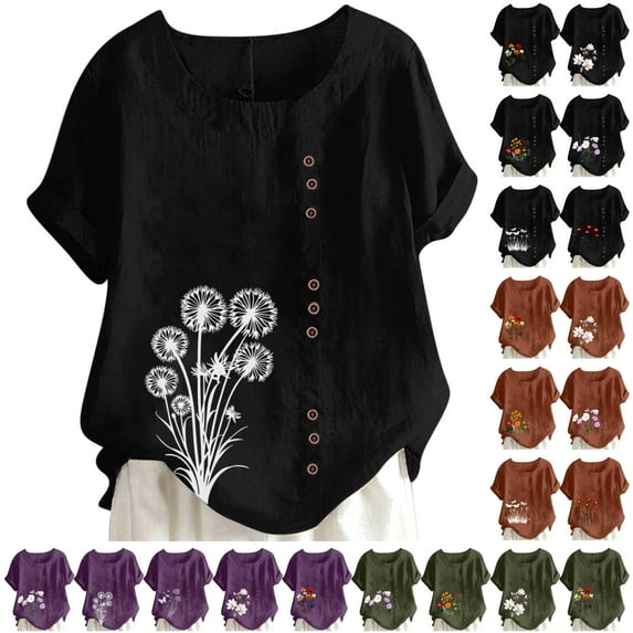 lcziwo Women's Summer Tops Casual Cotton Linen T Shirts Short Sleeve Round Neck Shirt Oversized Floral Graphic Tees Vacation Beach Outfits Mothers Day Gifts Black XL