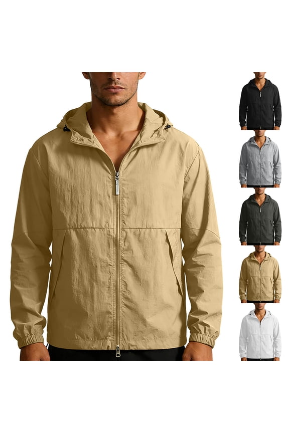 Long Sleeve Jackets for Men Big and Tall UPF 50+ UV Sun Protection Full Zip Up Outerwear Solid Color Lightweight Hoodie L Nylon,Spandex