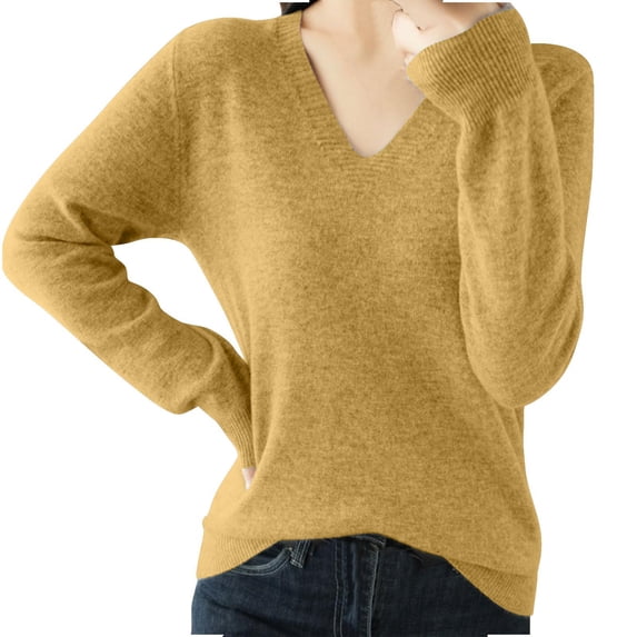 lcziwo Long Sleeve Merino Wool Sweater Women Warm V Neck Solid Color Knitted Sweaters Fall Winter Soft Causal Undershirts Yellow,S