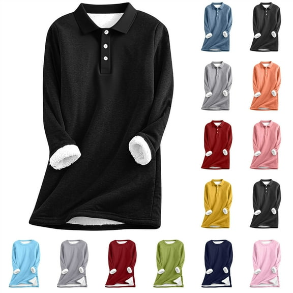 lcziwo Long Sleeve Tops for Women Warm Fleece Sherpa Lined Pullover Sweatshirt Solid Color Casual Button Collar Polos Shirts, Red, S