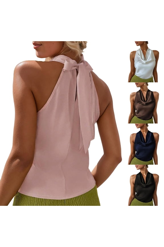 Loose Cami Top for Women Solid Color Satin Halter Cowl Neck Shirts Summer Casual Holiday Sleeveless Cami Top Pink S