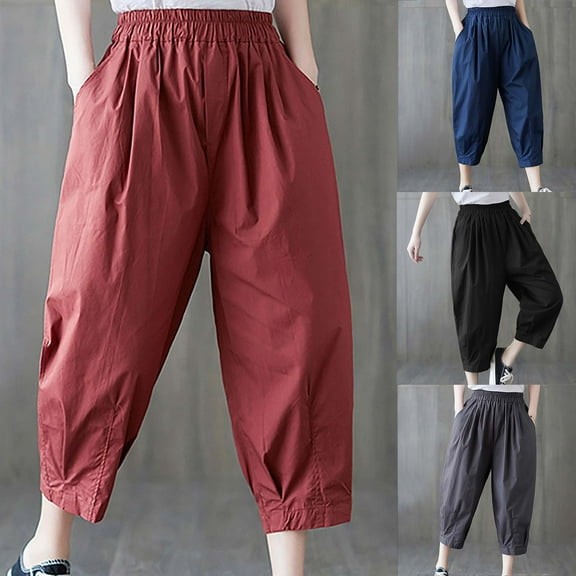 lcziwo Loose Fit Capri Pants for Women Lightweight Cotton Linen Wide Leg Cropped Trousers Casual Elastic Waist Summer Beach Capris with Pockets Clearance Sale Gray XXL