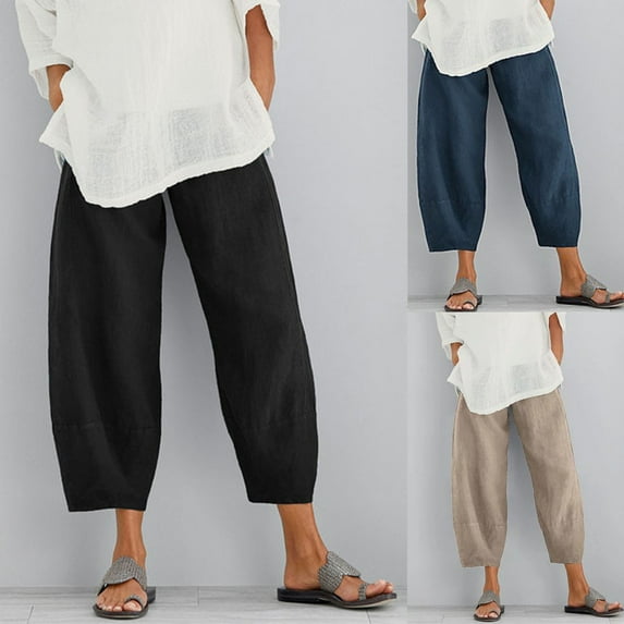 lcziwo Loose Fit Wide Leg Pants for Women Summer Cotton Linen Capri Pants Solid Color Casual Elastic Waist Beach Pants with Pockets Back to School Sales Navy M
