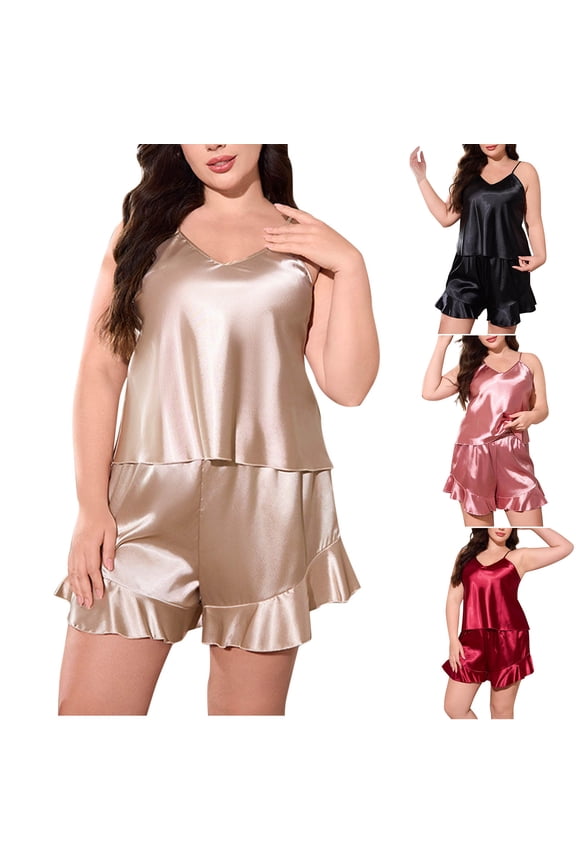 Loose Two Piece Outfit for Women Plus Size Satin Pajama Set Solid Color Backless Top and Ruffle Shorts Pajamas Pink XXXXL