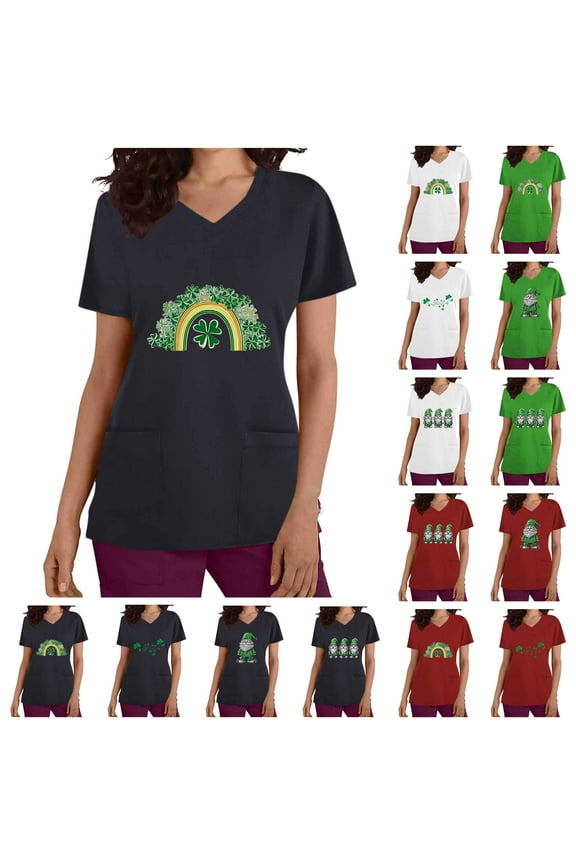 Lucky Clover Rainbow Shirts for Women 2025 St Patrick's Day Short Sleeve Irish Shirts Loose Fit V-Neck Scrubs Tops with Pockets Green XXL on Sale Clearance