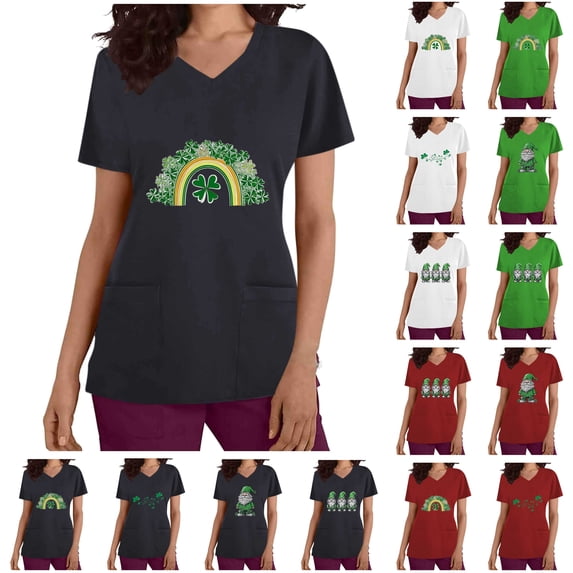 lcziwo Lucky Clover Rainbow Shirts for Women 2025 St Patrick's Day Short Sleeve Irish Shirts Loose Fit V-Neck Scrubs Tops with Pockets Red XXL Sales of The Week