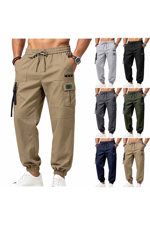 Man's Summer Cargo Pants Work Drawstring Pants Big and Tall Outdoor Relaxed Fit Straight Leg Jogger Pants Multi Pocket Khaki XXXL