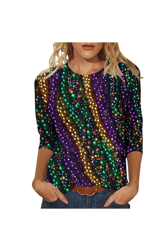 Mardi Gras Shirts for Women 2025 Carnival Color Block Sequin Print T Shirts Festivel Casual 3/4 Sleeves Tops Crewneck Graphic Tee Shirt Blouses Multicolor,XXL