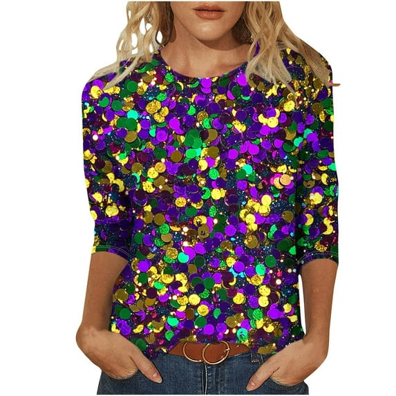lcziwo Mardi Gras Tops for Women Sequin 2025 Carnival Themed Tops 3/4 Sleeve Tunic Blouses Round Neck Spring Party Holiday Shirts Multicolor XXXL