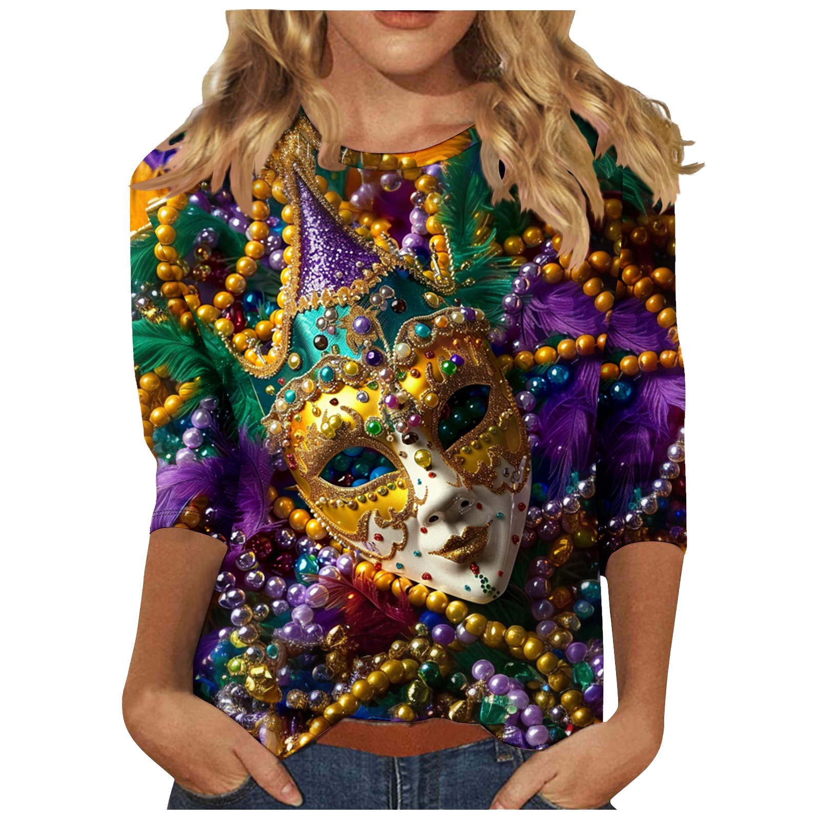 lcziwo Mardi Gras Tshirts for Women 3/4 Sleeve Crewneck Mask Graphic