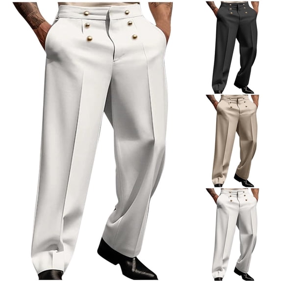 lcziwo Men High-Waisted Pants Straight Leg Business Casual Suit Pants Solid Color Zipper Fly Lightweight Trousers with Pockets White M