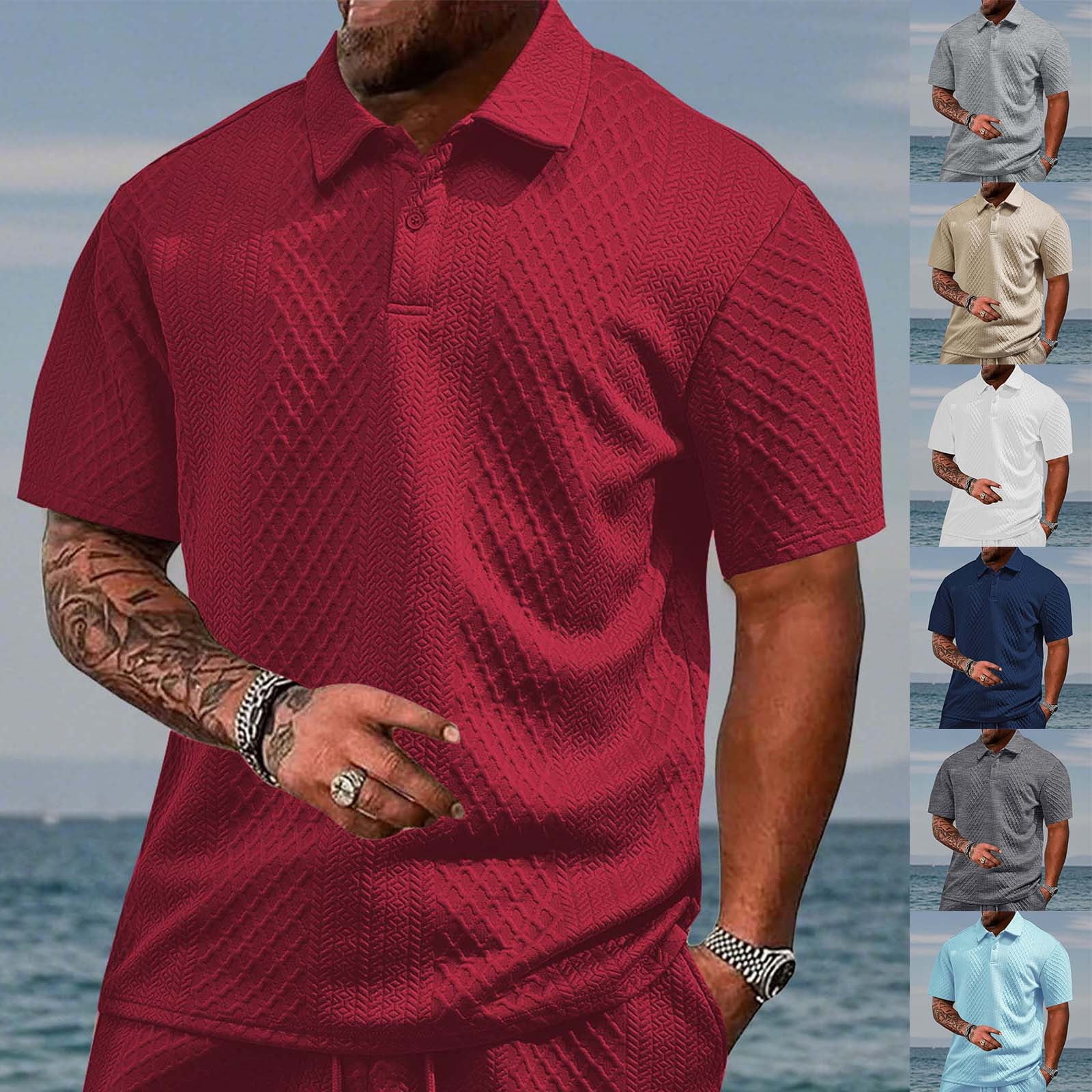 Men’s Casual Jacquard Short Sleeve Polo T-Shirt – Textured Summer Top
