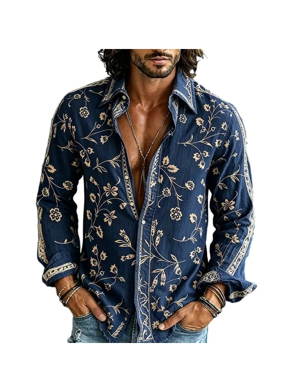 Men'S Long Sleeve Floral Button Down Shirt Vintage Pattern Printed Boho Collared Shirts Oversized Trendy Hippie Navy,XXL