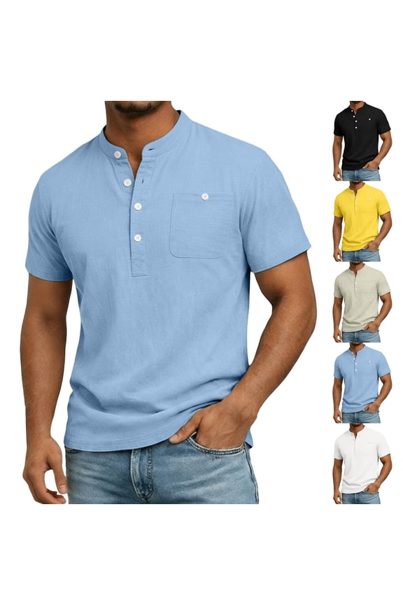 Men Solid Color T Shirts Linen Henley Summer Athletic Shirt Comfy Regular Fit Holiday Button Down Blouse Yellow L