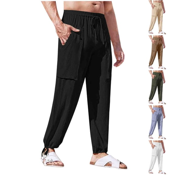 lcziwo Men Tactical Pants Work Combat Jogger Pants Cotton Linen Golf Beach Classic Drawstring Pants with Multi Pockets Coffee M