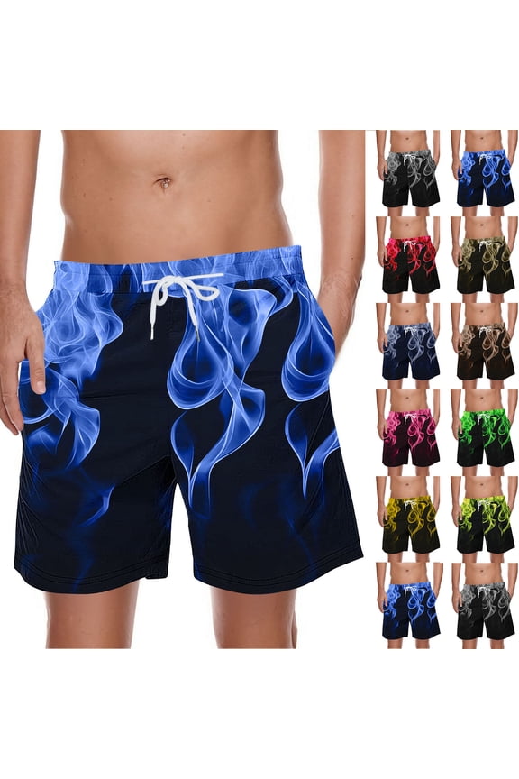 Men's 7 Inch Swim Trunks Summer Beach Cosual Flame Print Short Swimsuit Pockets Drawstring Swim Shorts Blue XL