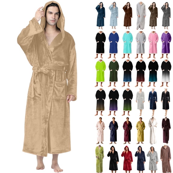 lcziwo Men's Casual Flannel Bath Robe Plush Fluffy Hooded Bathrobe Shawl Collar Long Sleeve Comfy Terry Cloth with Pockets Khaki,L