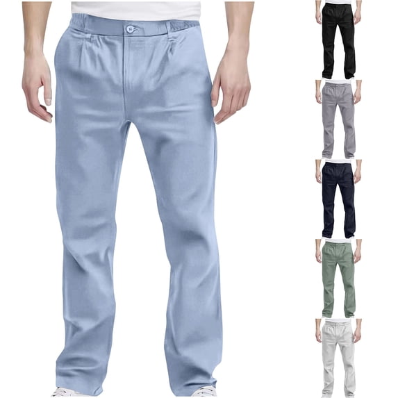 lcziwo Men's Elastic Waist Work Pants Classic Straight Flat Front Casual Pants with Pockets Solid Color Lightweight Slacks Army Green M