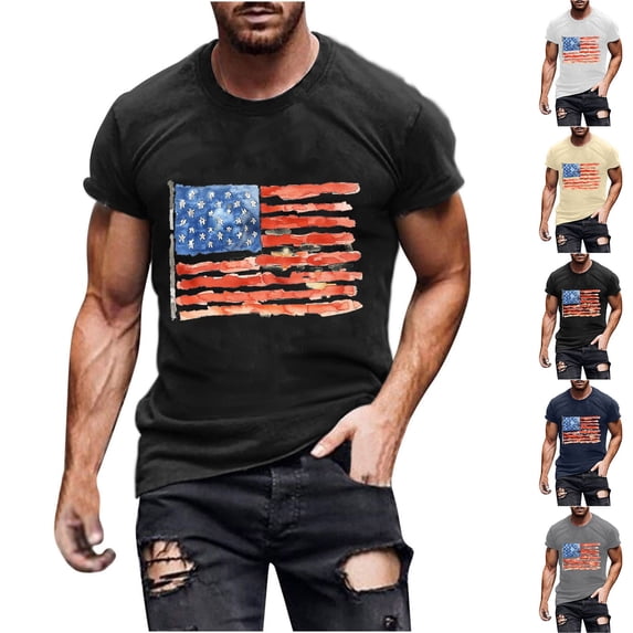 lcziwo Men's Gifts for Birthday! Mens 4th of July Shirt Casual Crewneck Short Sleeve Summer Tops Fashion American Flag Graphic Tee Shirts Cotton Pullover Beige XL