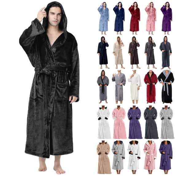 lcziwo Men's Hooded Fleece Bathrobe Warm Winter After Shower Towel Robe Long Fluffy Soft Pajama Robes with Pockets Black,L