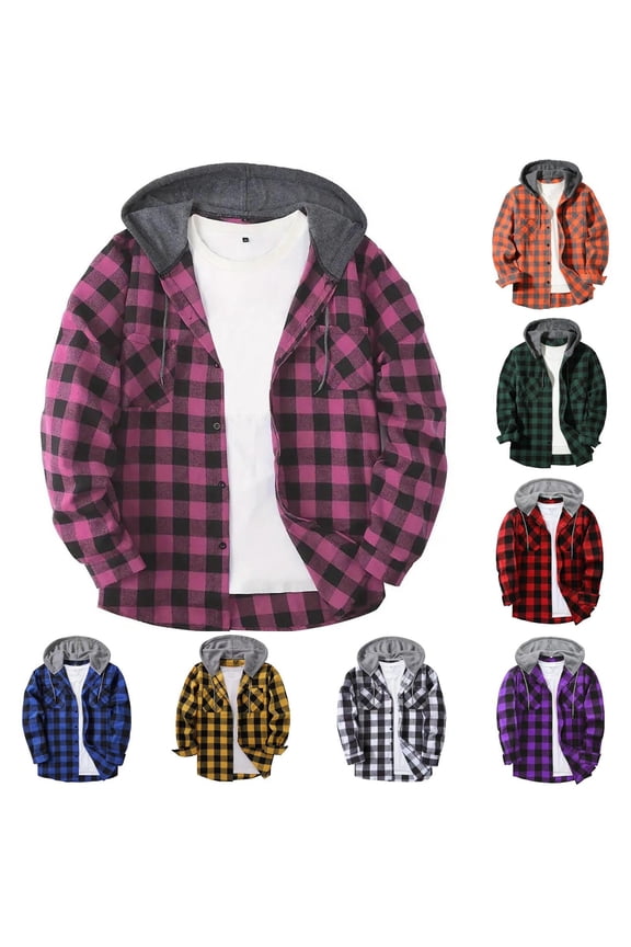 Men's Hooded Shirts Jackets Long Sleeve Casual Buffalo Plaid Button Down Hooded Jackets with Pocket Winter Fall Baggy Lightweight Sweatshirts,Yellow,XXL
