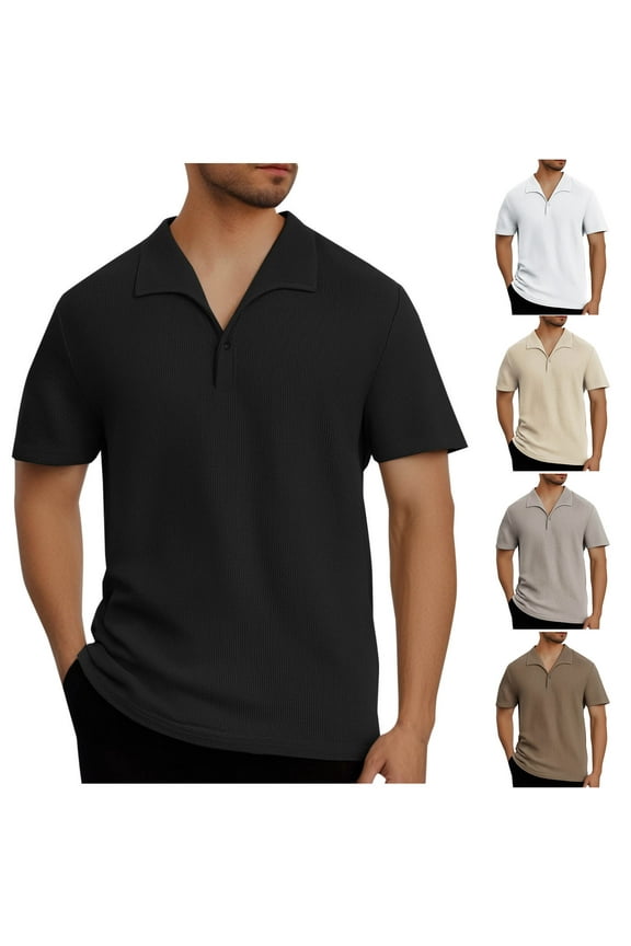 Men's Polos Shirts Short Sleeve Classic Fit Golf Shirts Solid Casual Waffle Knitted Collared T Shirt 2025 Summer Blouse Tops Todays Daily Sales Clearance Beige M