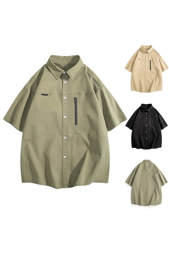 Men's Short Sleeve Shirt with Pockets Lightweight Loose Regular Fit Untucked T-Shirt Holiday Casual Blouse Khaki L