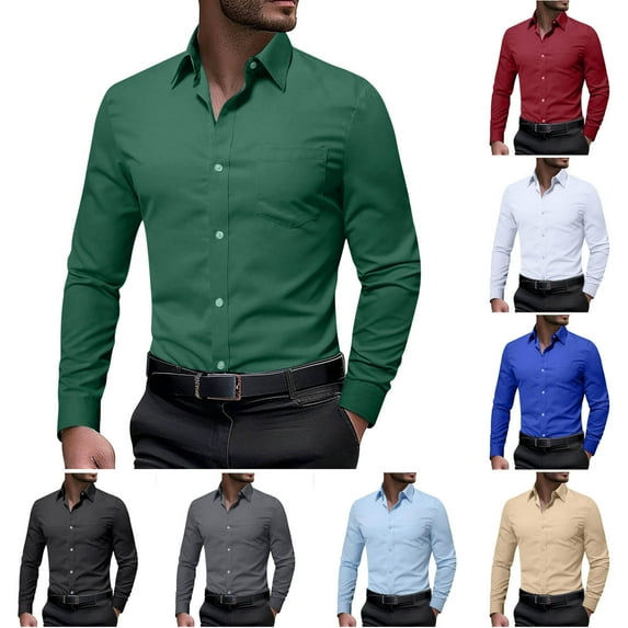 lcziwo Men's Slim Fit Dress Shirt Regular Fit Business Tucked Formal Shirts Pockets Solid Color Work Tops Light Blue S